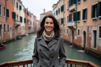 Femme souriante sur un vaporetto à Venise avec vue sur le Grand Canal
