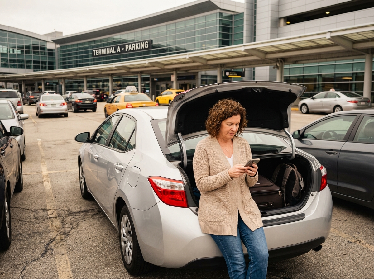 Femme seule vérifiant son téléphone près de sa voiture à l