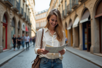 Jeune femme souriante vérifiant une carte en ville historique