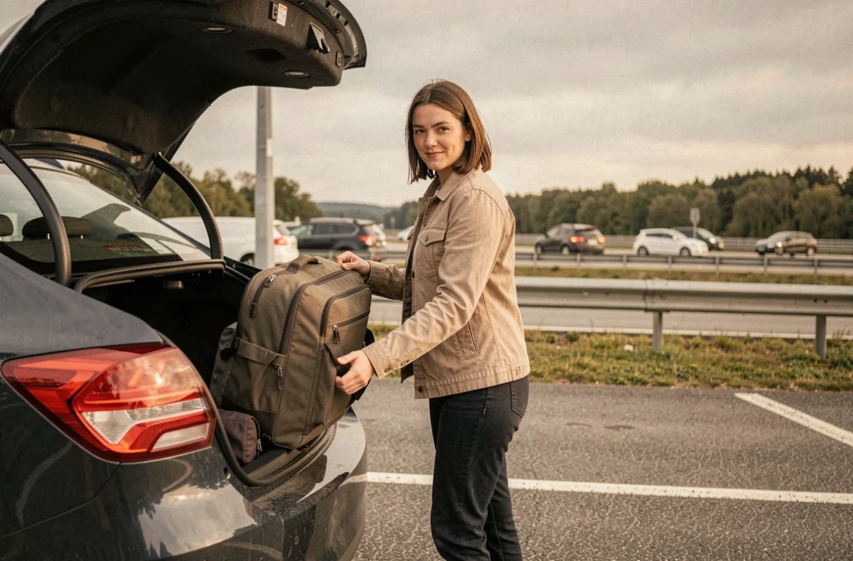 Femme en voyage longue distance faisant une pause sur une aire d'autoroute à côté de sa voiture équipée de pneus Michelin