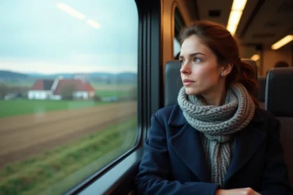 Jeune femme regardant par la fenêtre d’un train en voyage