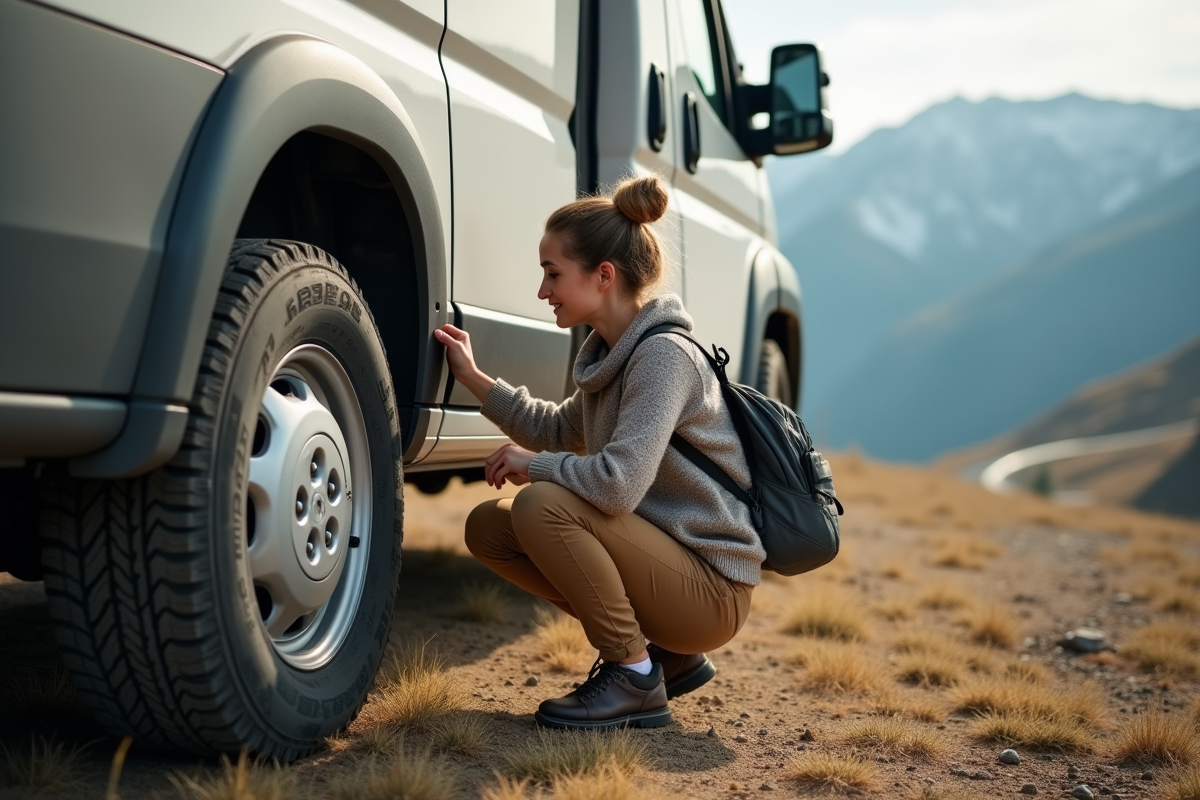 Jeune femme inspectant le pneu d’un camper van