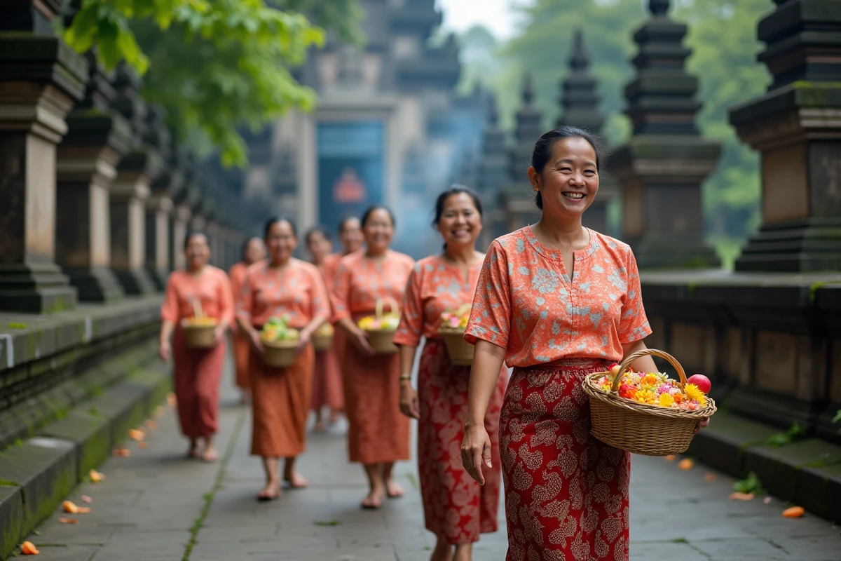 Femmes balinaises en procession avec fleurs et fruits