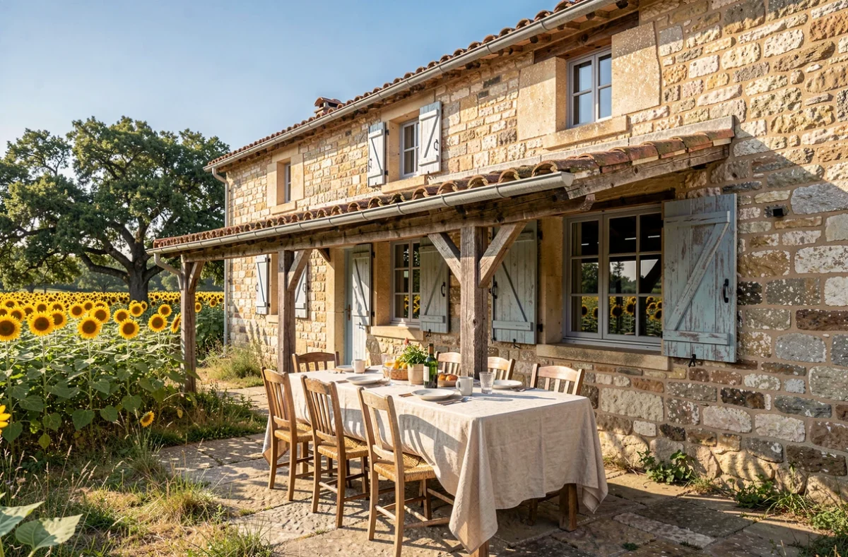 La Ferme des Hautins, gîte rural en pierre dans le Lot avec terrasse ombragée et champs de tournesols
