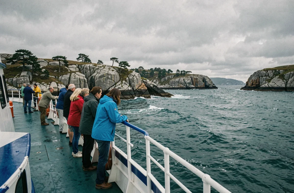 Ferry breton naviguant le long des côtes rocheuses de Bretagne lors d'une mini croisière