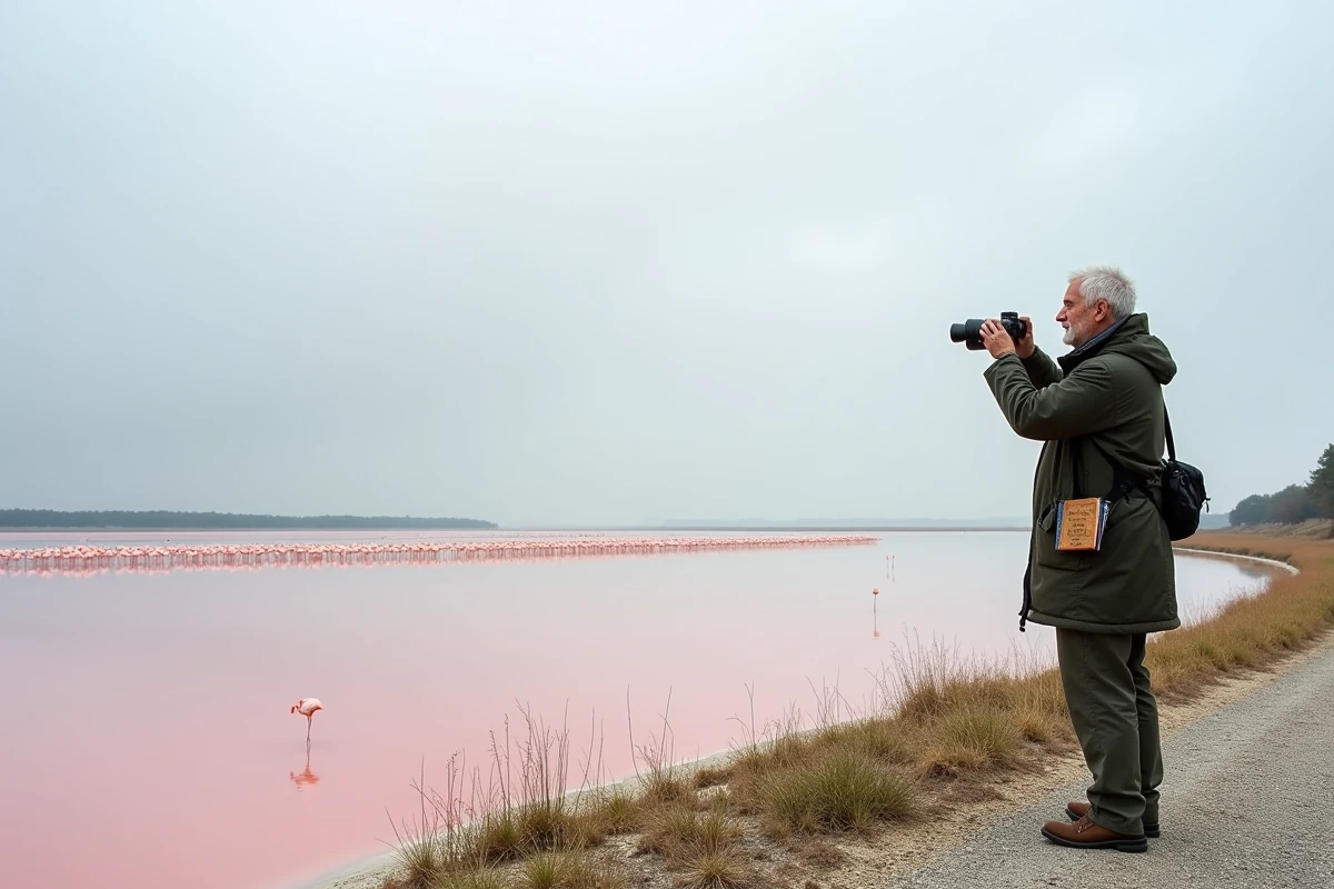 Flamants roses sur les étangs salés de Gruissan en hors saison, promeneur observant la nature sauvage