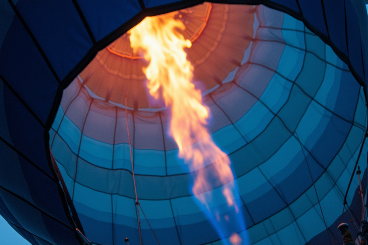 Foyer de la flamme bleue dans la montgolfière au matin