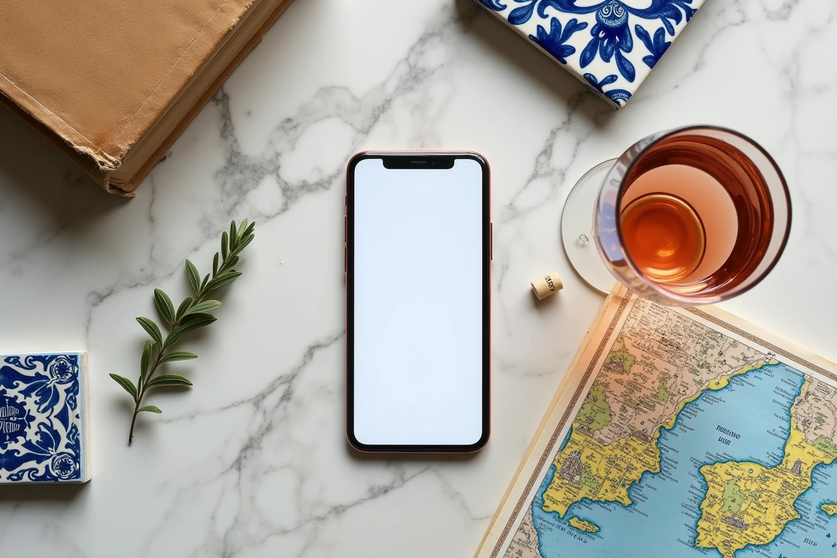 Flat lay de ressources de voyage pour la Méditerranée incluant smartphone, guide papier et carte vintage