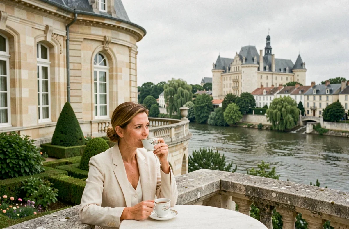 Terrasse de l'hôtel Fleur de Loire à Blois avec vue sur la Loire et architecture en pierre
