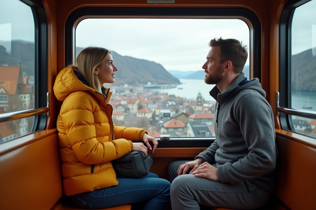 Couple dans le funiculaire Fløibanen de Bergen avec vue panoramique sur les toits et le fjord norvégien