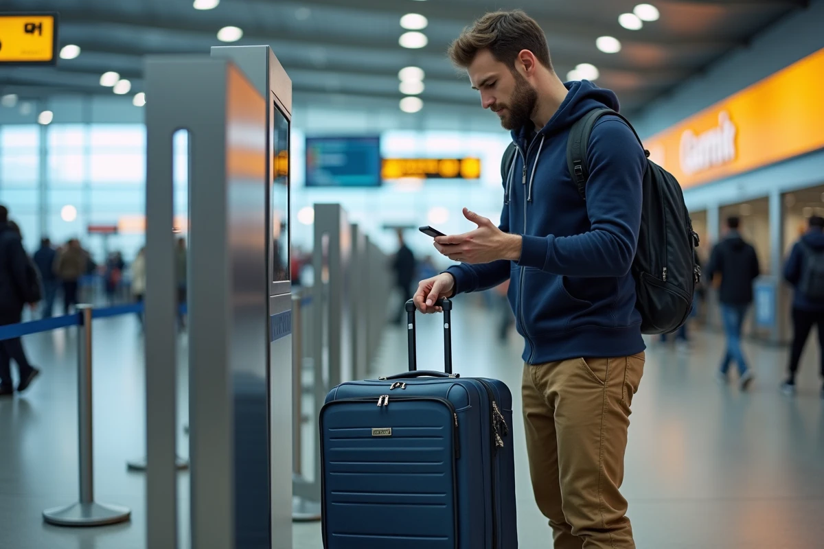 Homme testant les dimensions d'une valise cabine Jump dans un gabarit de mesure en aéroport low cost