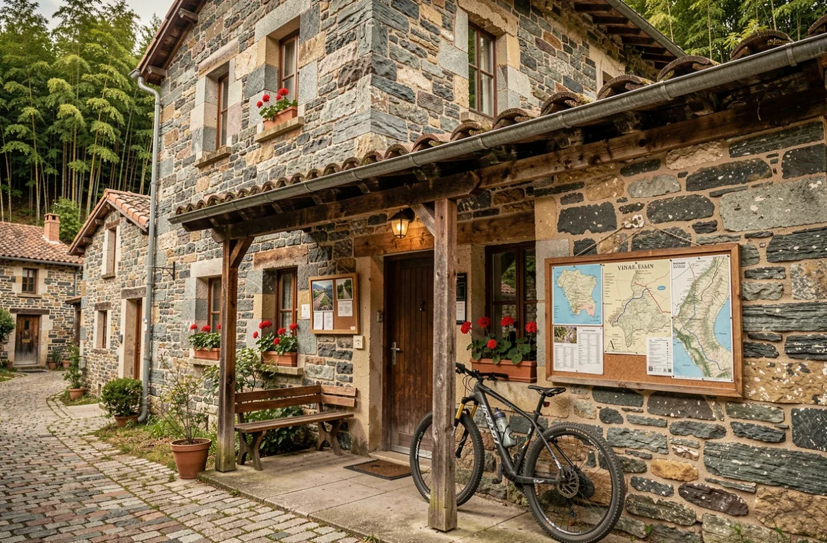 Gîte d'Étape d'Anduze dans le Gard, bâtisse en schiste cévenol avec terrasse de randonneurs et rue pavée du village