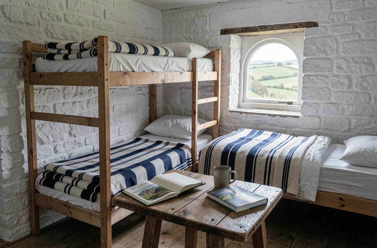 Intérieur d'un gîte rustique petit budget dans le Finistère rural, lit superposé et couvertures bretonnes rayées
