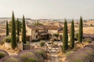 Paysage typique de l'Occitanie avec une ferme en pierre entourée de lavande et de collines dorées