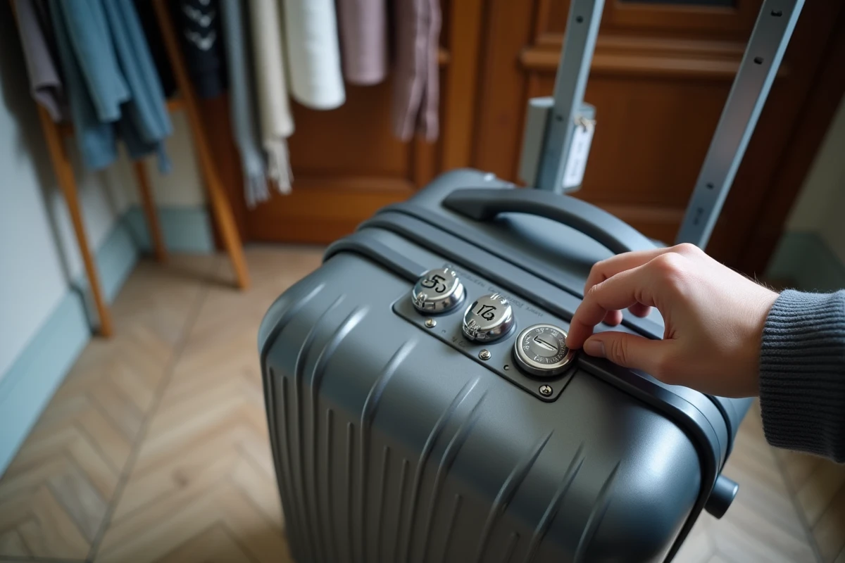 Gros plan sur les molettes du cadenas à code d'une valise Delsey