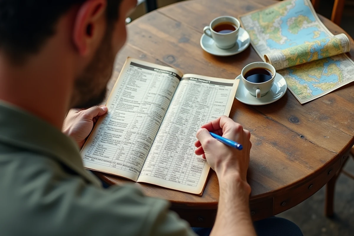 Gros plan sur un horaire de micheline corse ouvert sur une table de café avec annotations pour planifier un trajet en famille