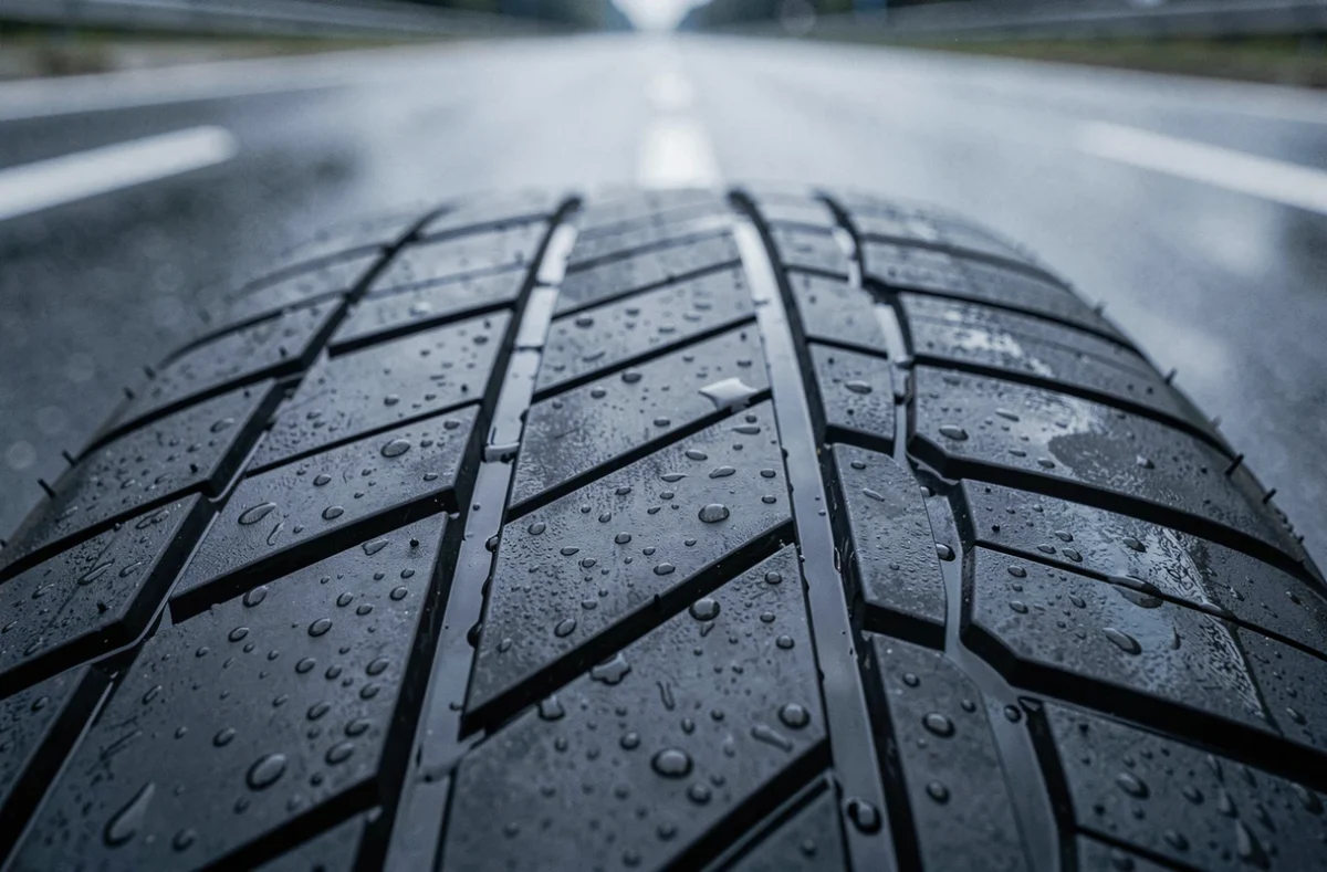 Gros plan sur la bande de roulement d'un pneu Michelin sur route mouillée mettant en valeur les rainures de sécurité