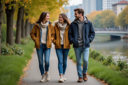 Trois amis souriants se promènent dans un parc urbain au bord de la rivière