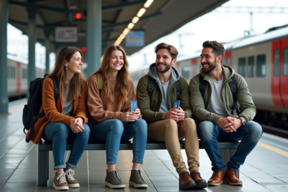 Jeunes adultes souriants avec sacs à dos sur une plateforme de train