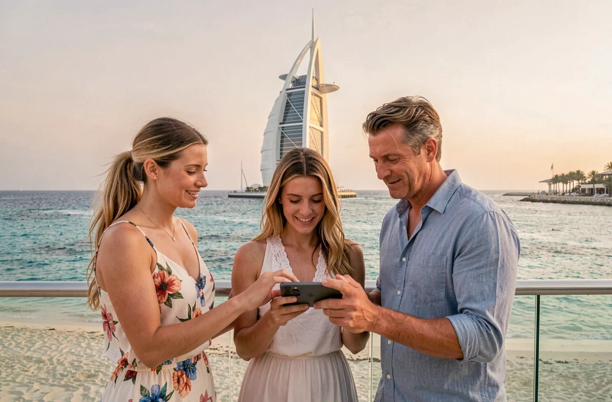 Groupe de touristes admirant leurs photos du Burj Al Arab depuis la plage de Jumeirah à Dubaï