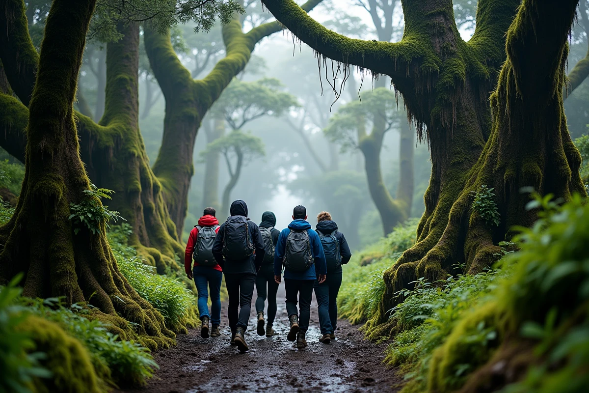 Groupe de randonneurs progressant en file indienne dans la forêt tropicale de montagne sur la route Machame du Kilimandjaro