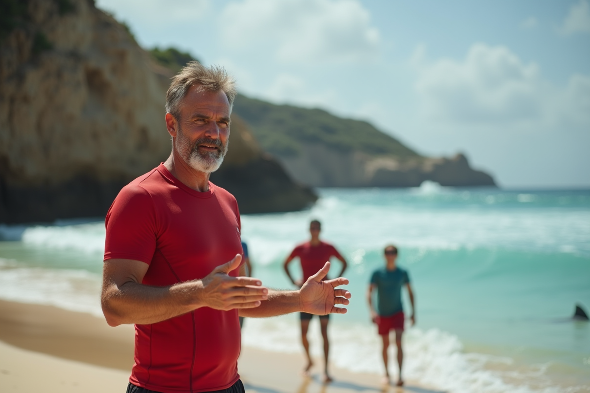 Guide expérimenté expliquant la sécurité à des touristes sur la plage