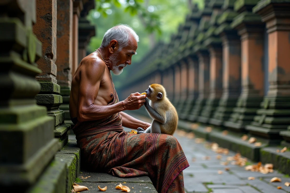 Homme balinais nourrissant des macaques dans la forêt sacrée
