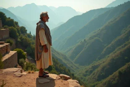 Homme berbère en djellaba contemplant le paysage montagneux du Rif au Maroc