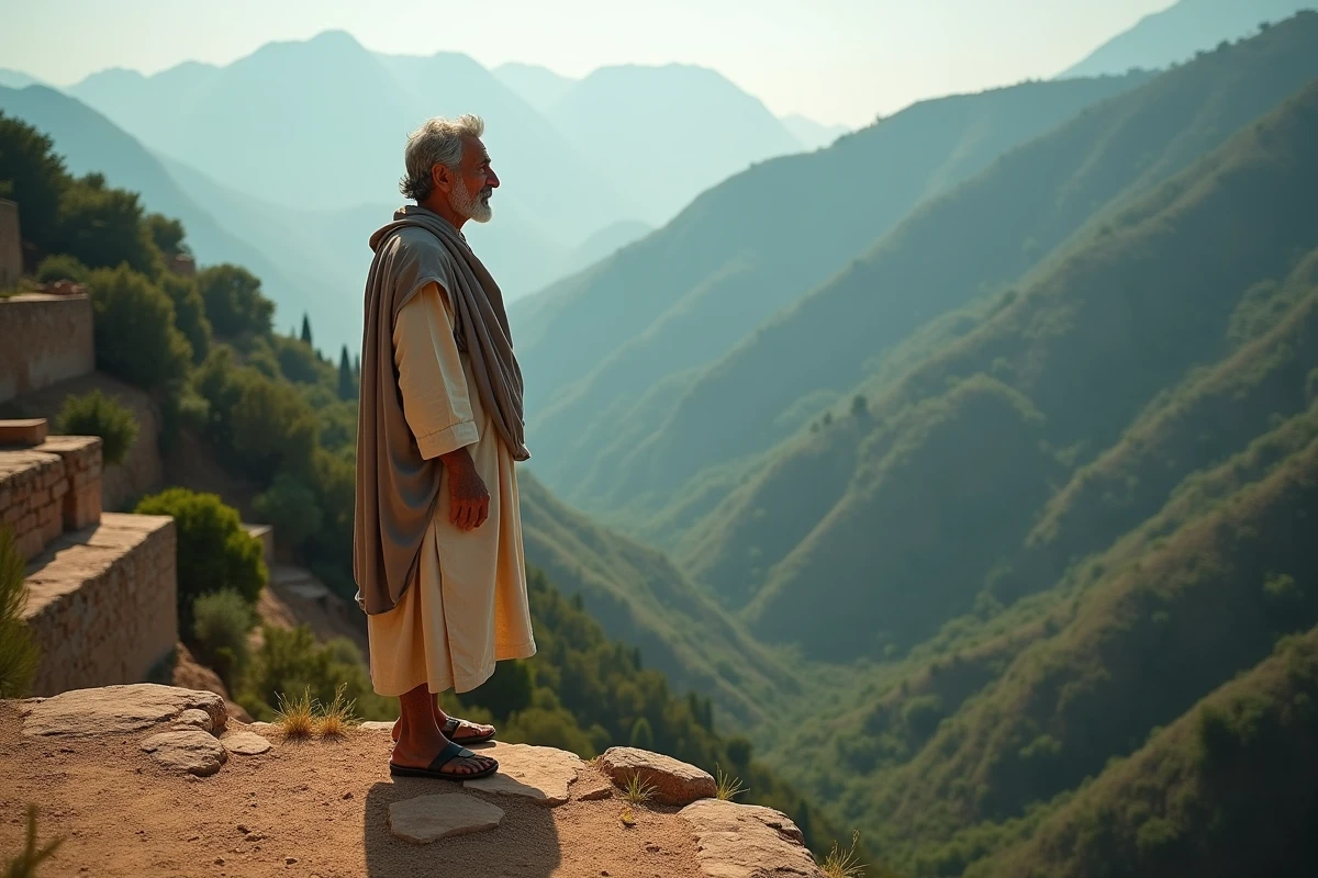 Homme berbère en djellaba contemplant le paysage montagneux du Rif au Maroc