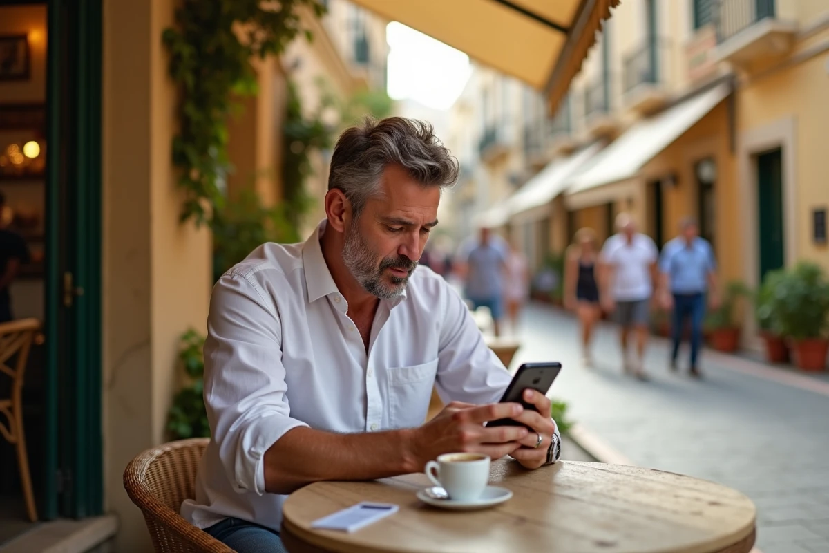 Homme au café dans une place maltaise en plein air