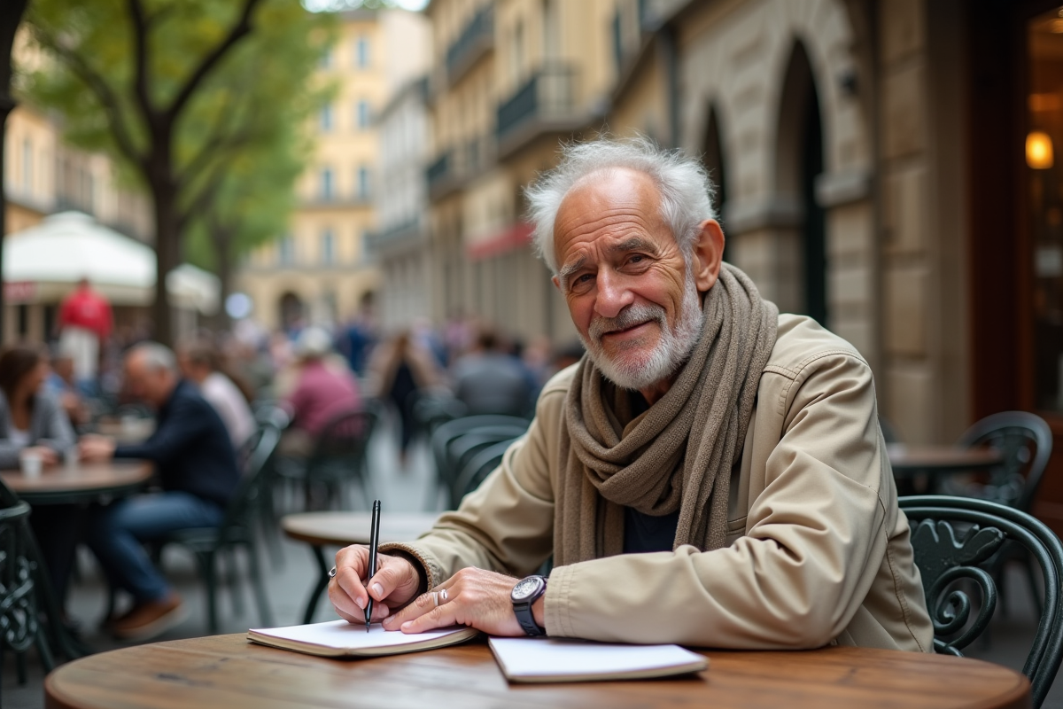 Homme détendu prenant des notes dans un café en plaza européenne