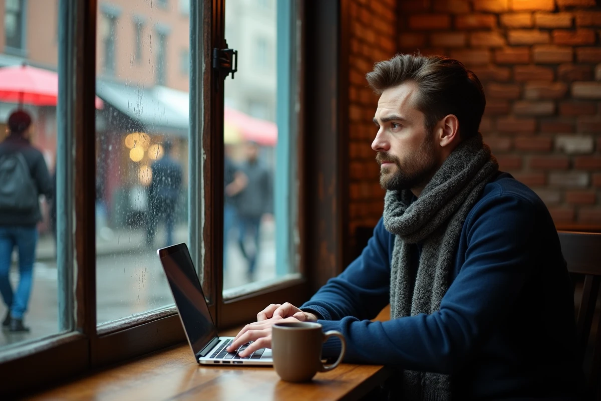 Homme dans un café de SoHo regardant la pluie par la fenêtre