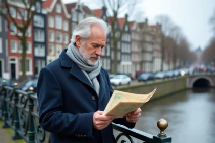 Homme consultant une carte dans un quartier d'Amsterdam sur un pont de canal avec des maisons à pignons typiques en arrière-plan