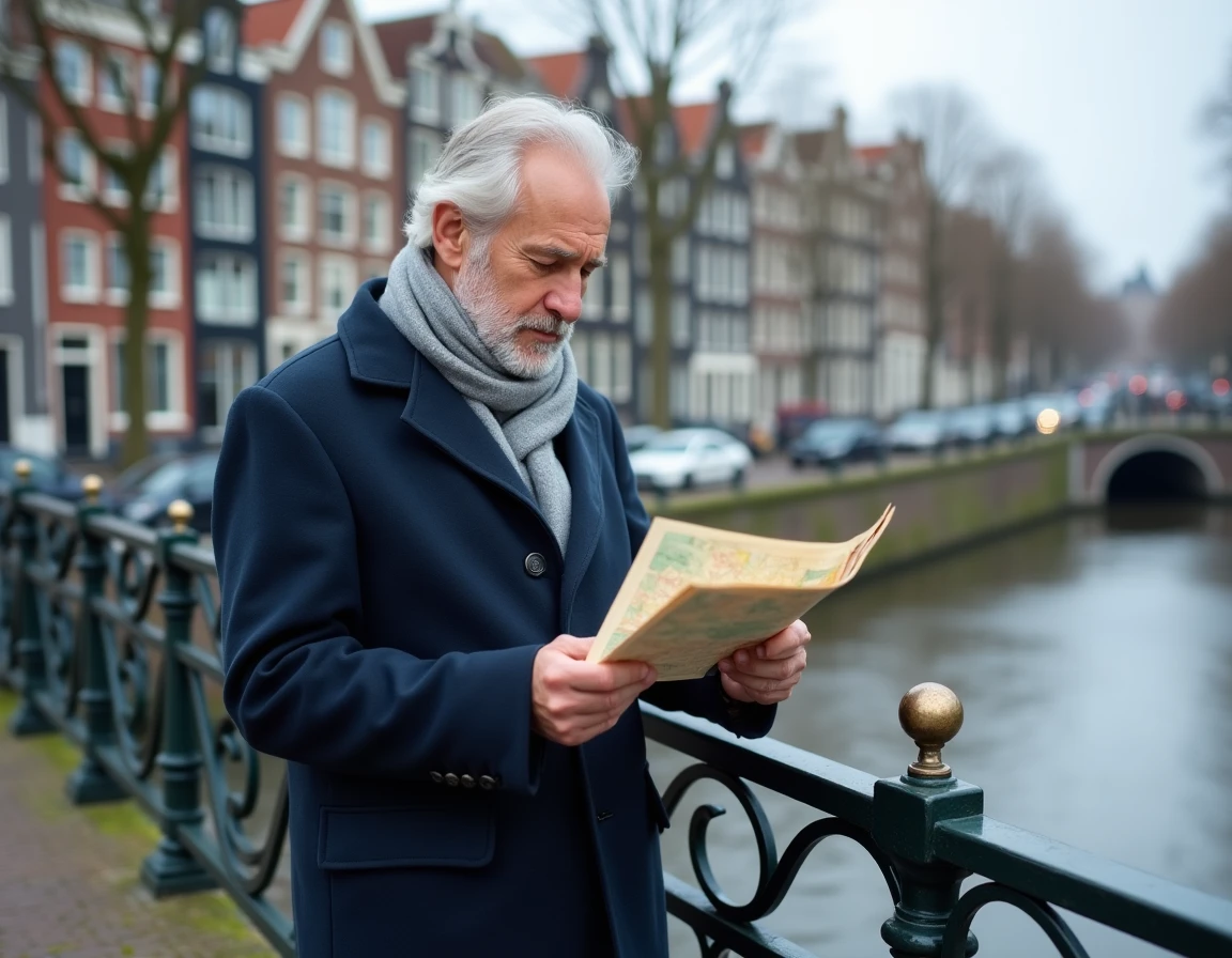 Homme consultant une carte dans un quartier d'Amsterdam sur un pont de canal avec des maisons à pignons typiques en arrière-plan