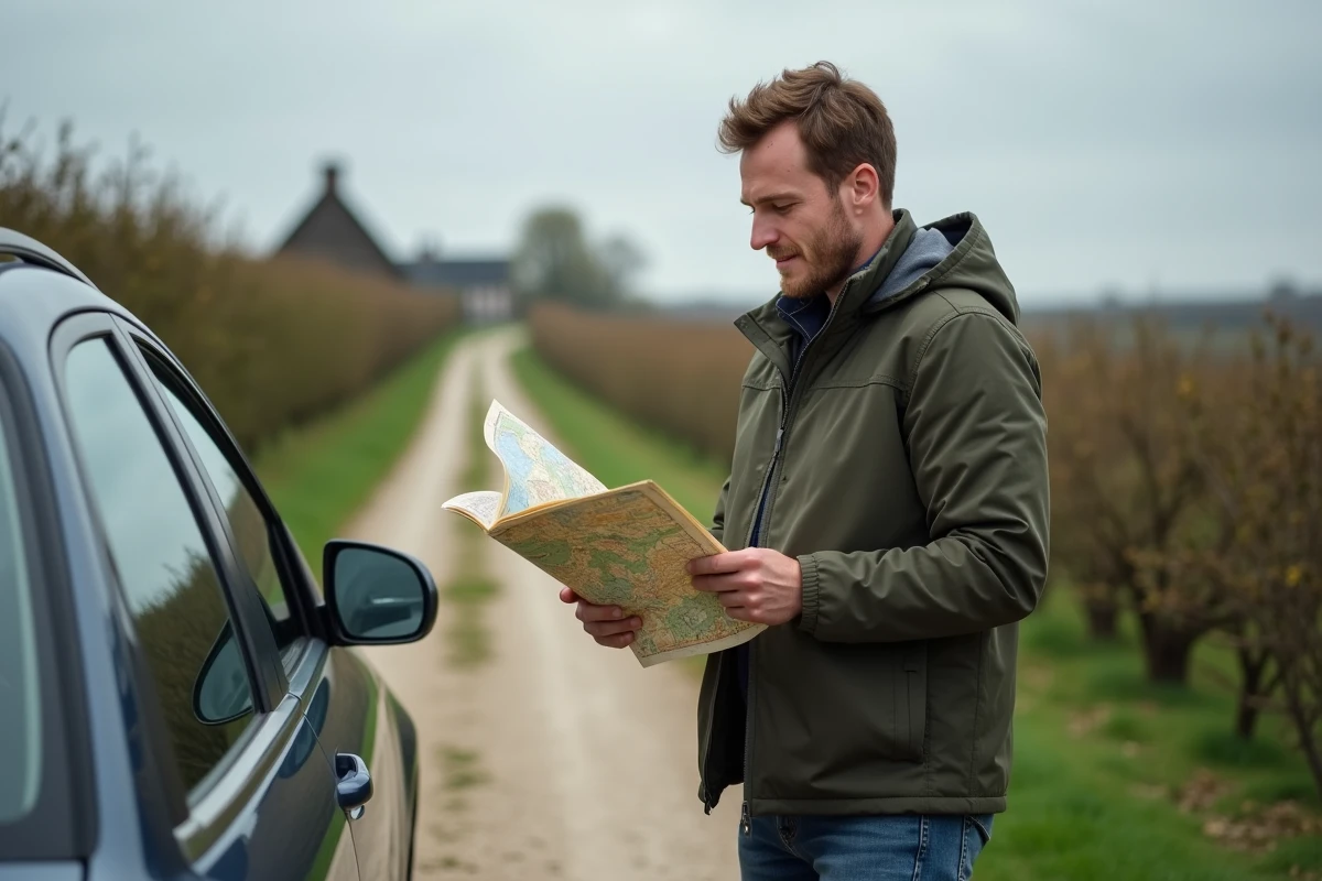 Homme debout au bord d'une route normande tenant une carte imprimée pour s'orienter pendant son circuit en Normandie