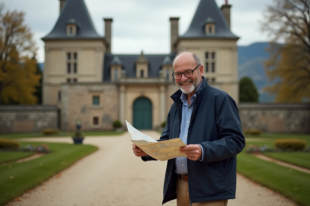 Homme français souriant devant un château dans la campagne
