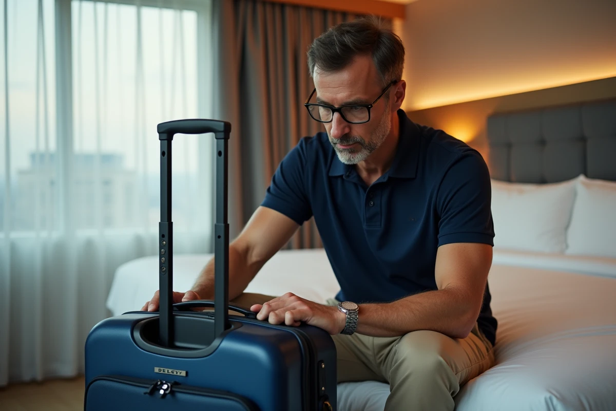 Homme vérifiant le code de sa valise Delsey bleue dans une chambre d'hôtel