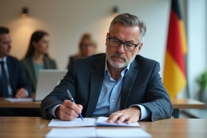 Homme d'affaires au consulat belge en train de remplir des papiers