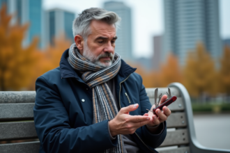 Homme d'âge moyen tenant un couteau suisse en plein air