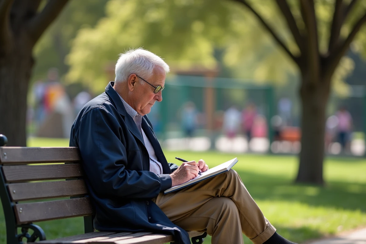 Homme âgé esquissant sur un banc dans Corona Park