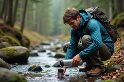 Jeune homme filtre de l'eau en pleine nature