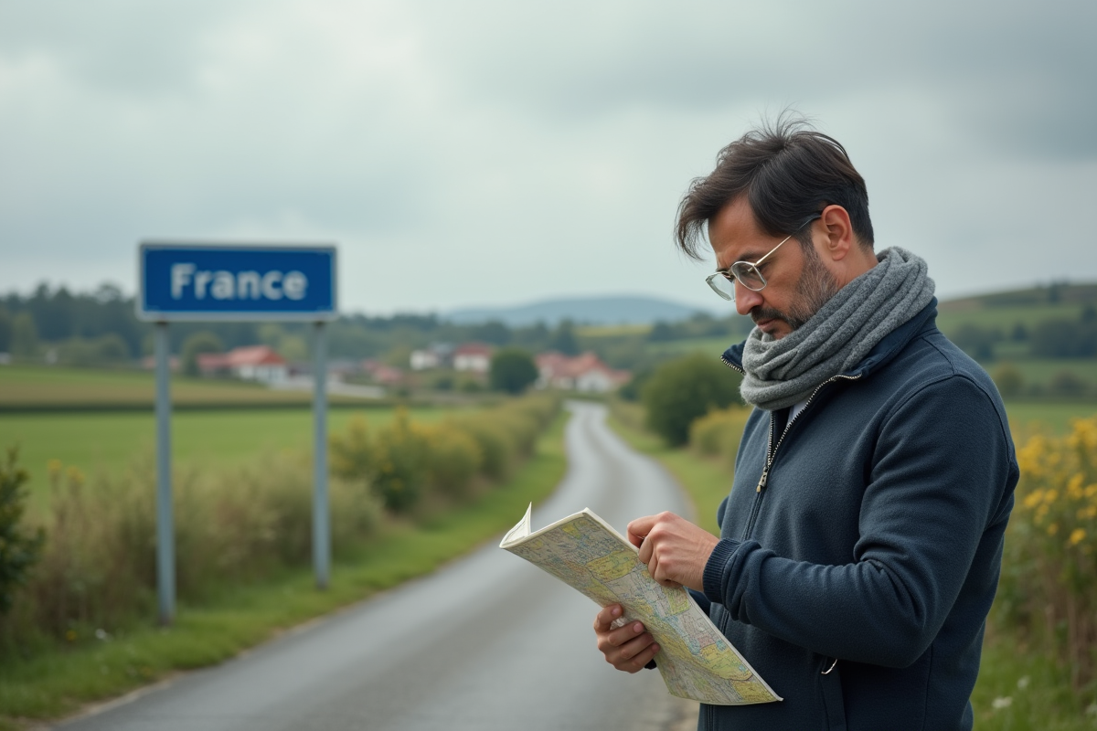 Homme asiatique examine un panneau routier en campagne française