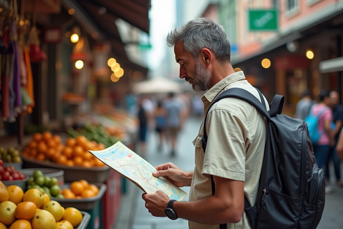 Homme européen vérifiant une carte dans un marché coloré
