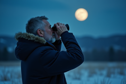 Homme d'âge moyen regardant la lune d'hiver avec des jumelles