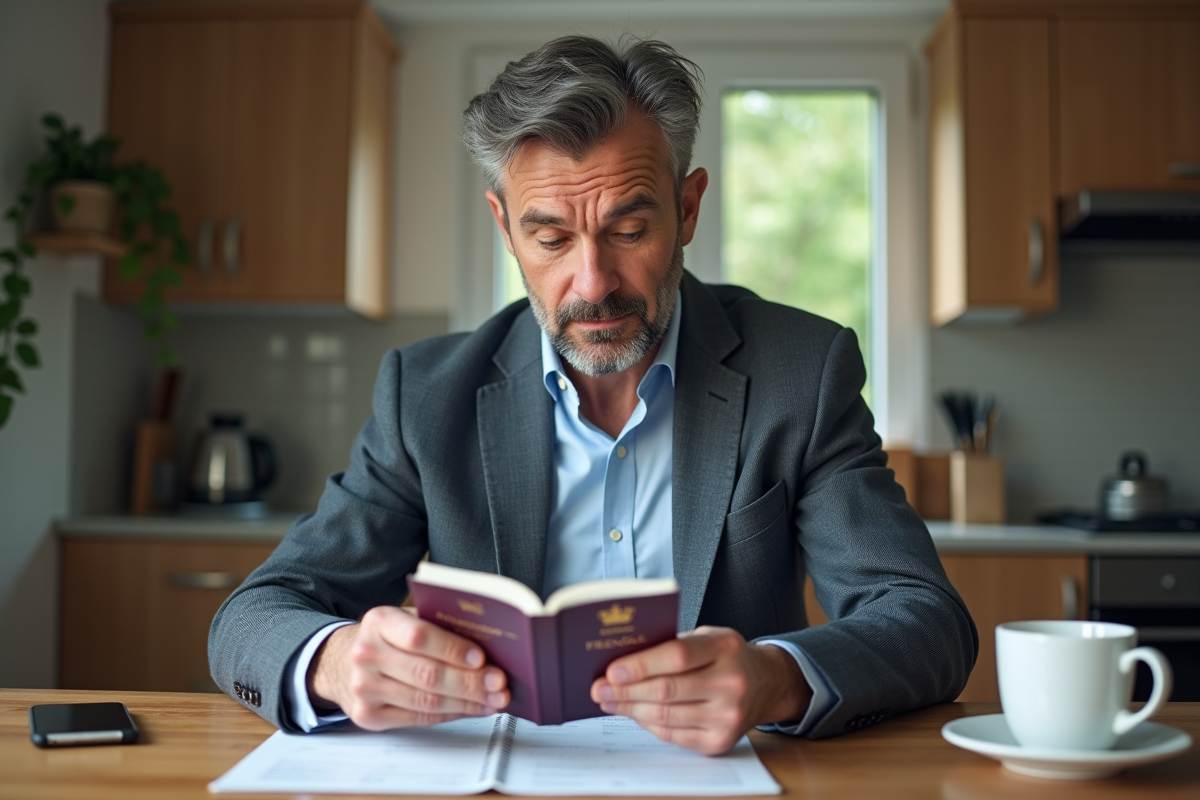 Homme examine son passeport à la maison