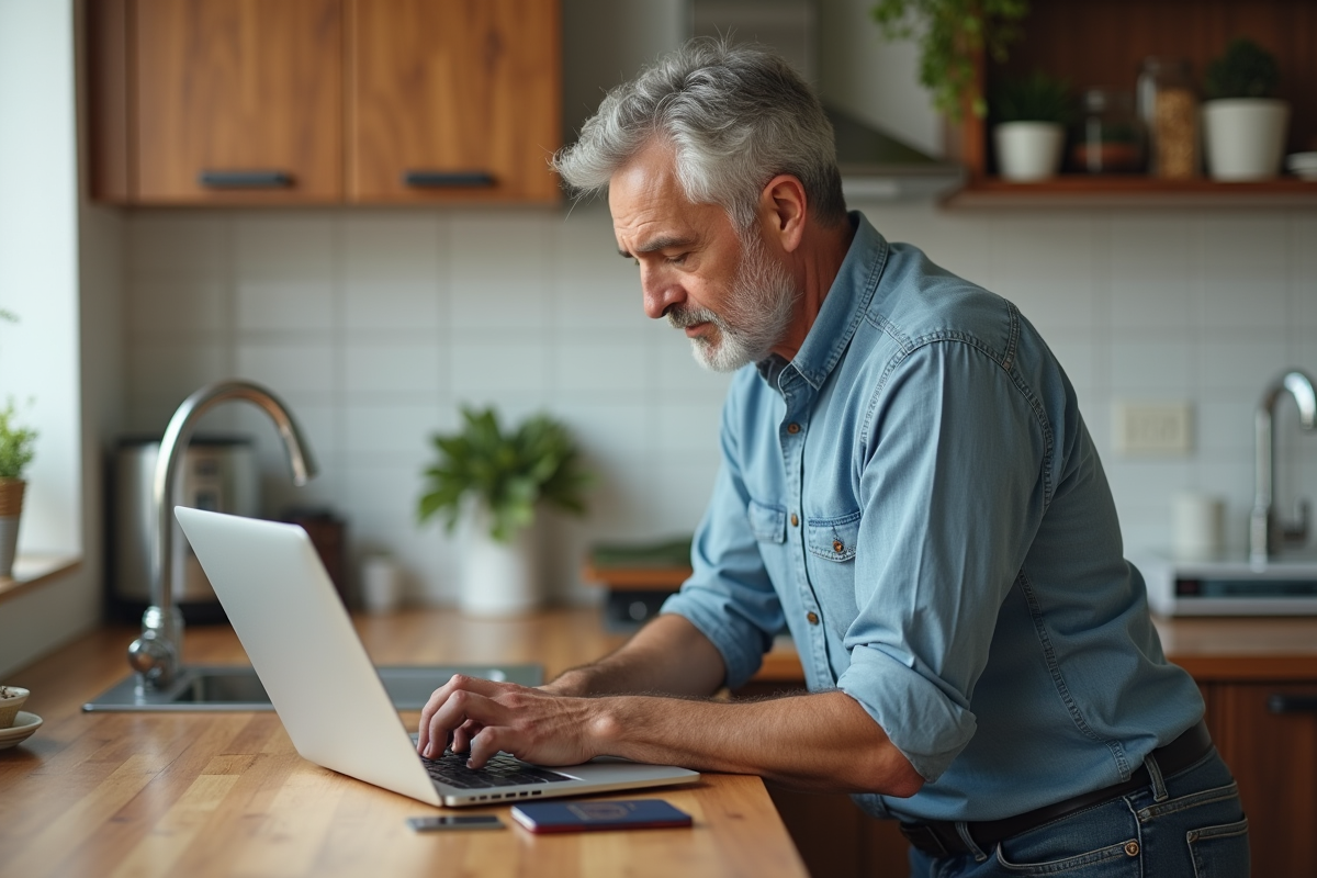 Homme mettant à jour sa réservation de vol à la maison