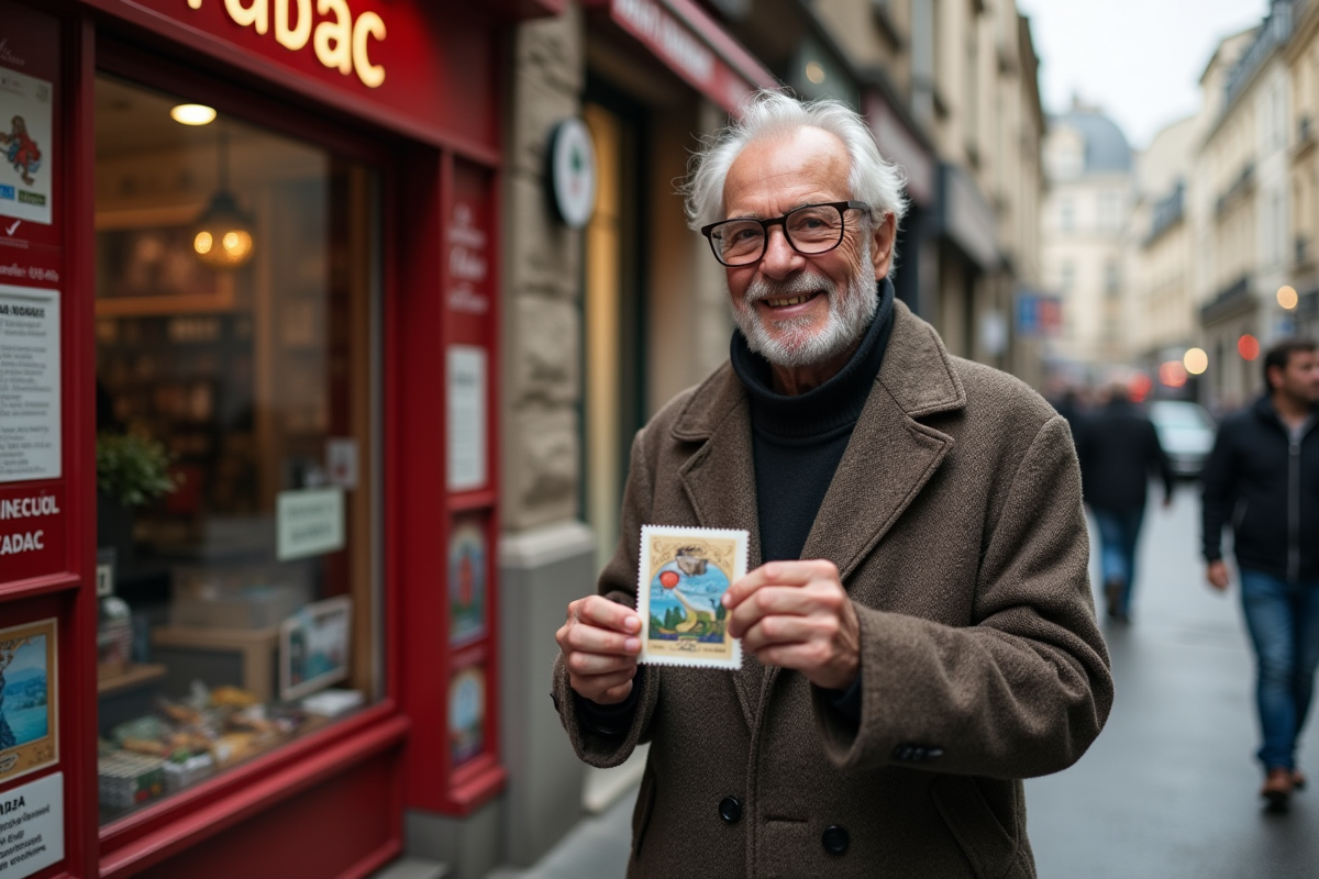 Homme âgé souriant avec un timbre à la main dans une rue parisienne