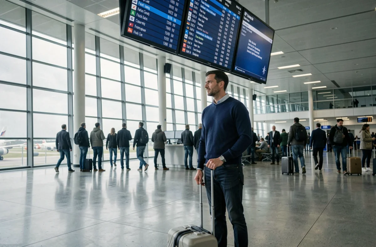 Homme consultant un tableau des départs dans un aéroport international avec sa valise à roulettes