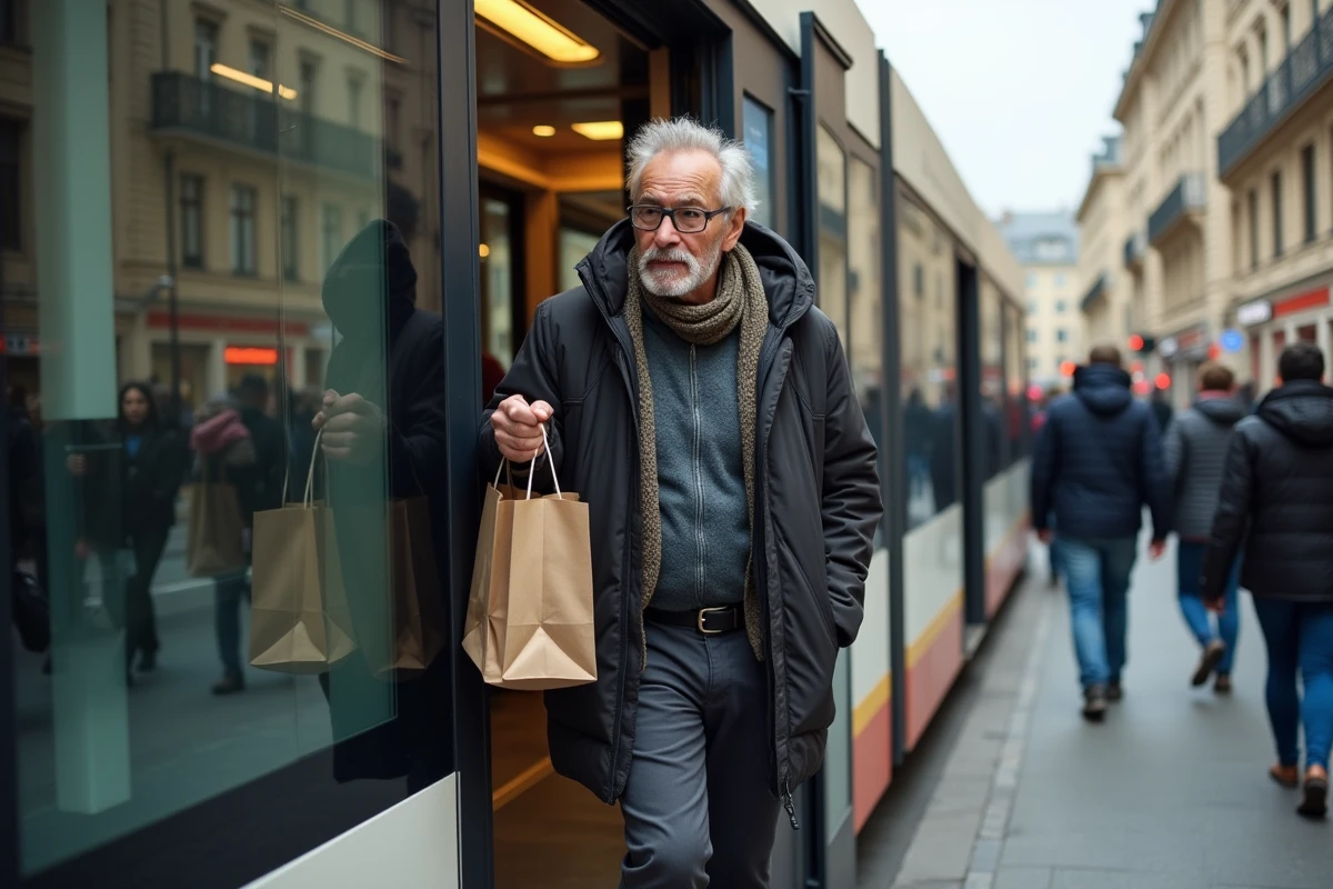 Homme âgé montant dans un tram à Lyon