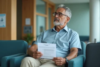 Homme d'âge moyen avec certificat de vaccination fièvre jaune